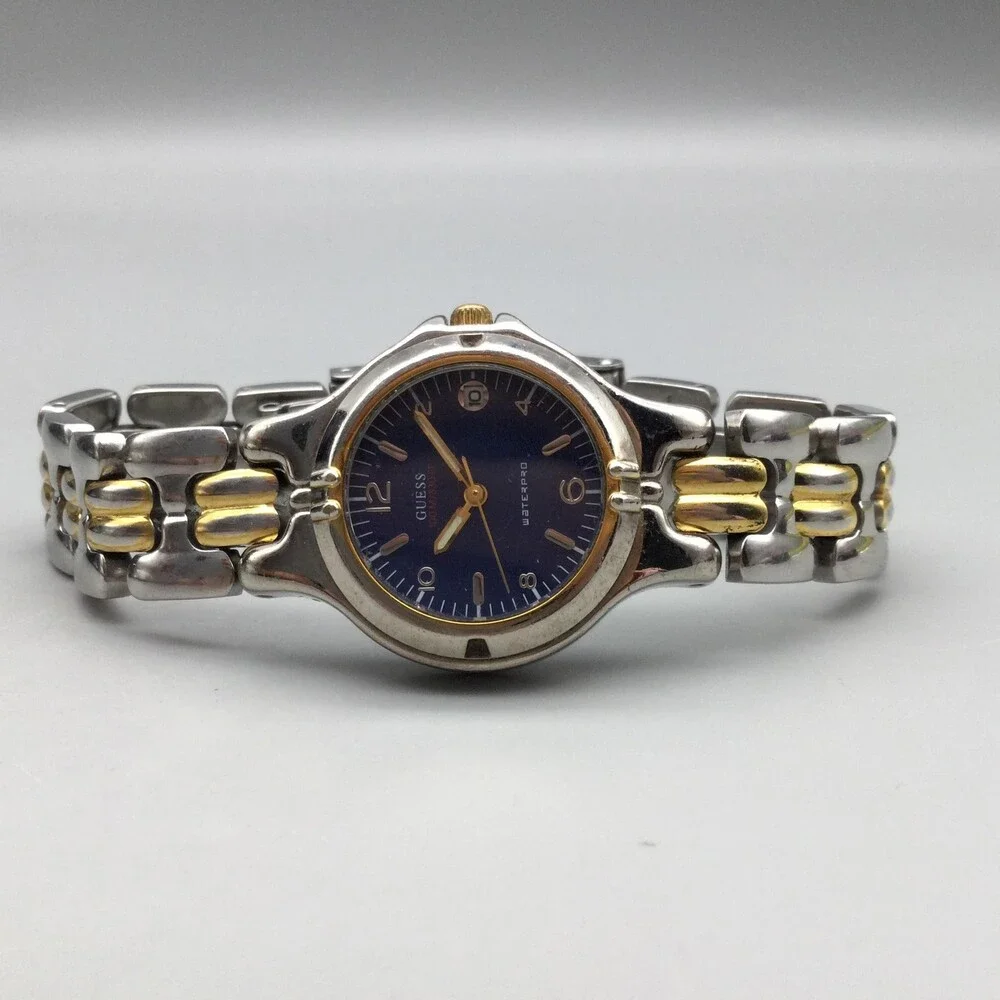Vintage Guess Waterpro Womens Watch 26mm Blue Dial Two Tone Date New Battery 7